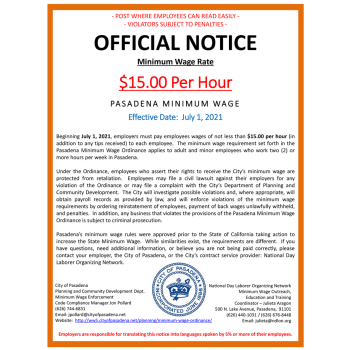 City of Pasadena Minimum Wage Official Notice