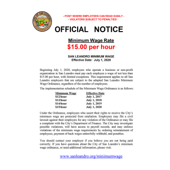 City of San Leandro Minimum Wage Official Notice